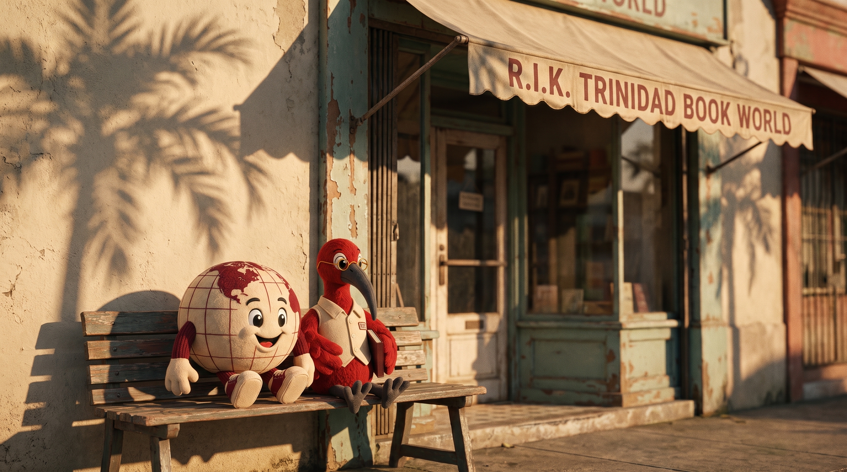 Worldwise and Scarlet Scholar plush mascots in front of the original R.I.K. Trinidad Book World storefront.