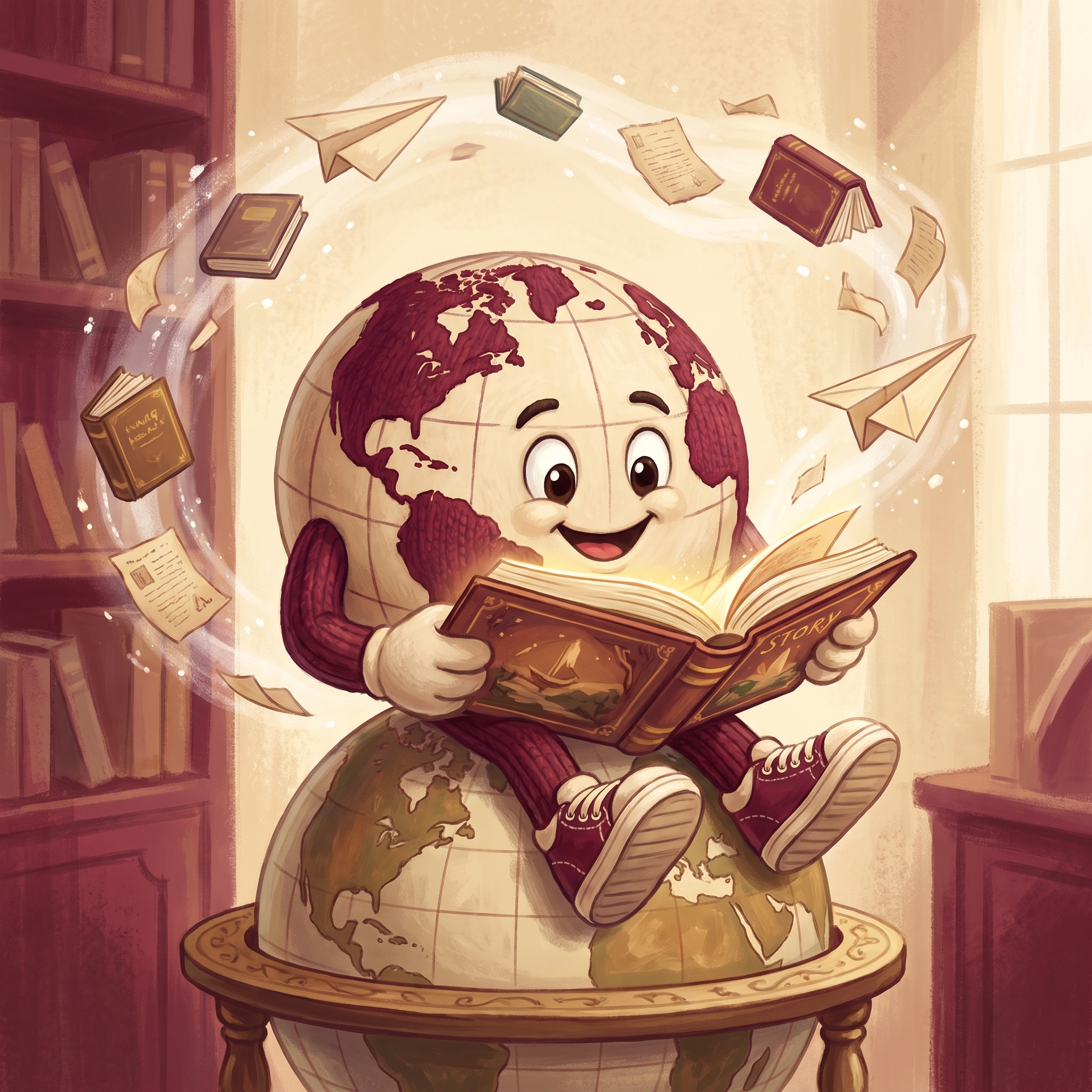 Worldwise plush mascot holding an open storybook in a magical library.