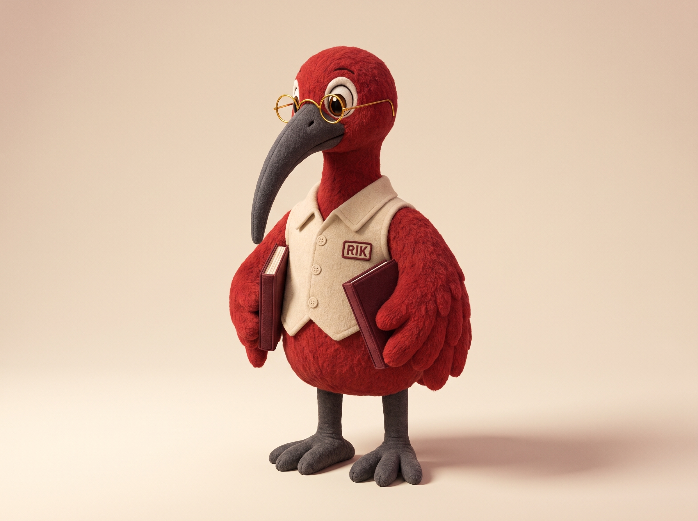 Scarlet Scholar, the RIK plush mascot, holding a burgundy book.