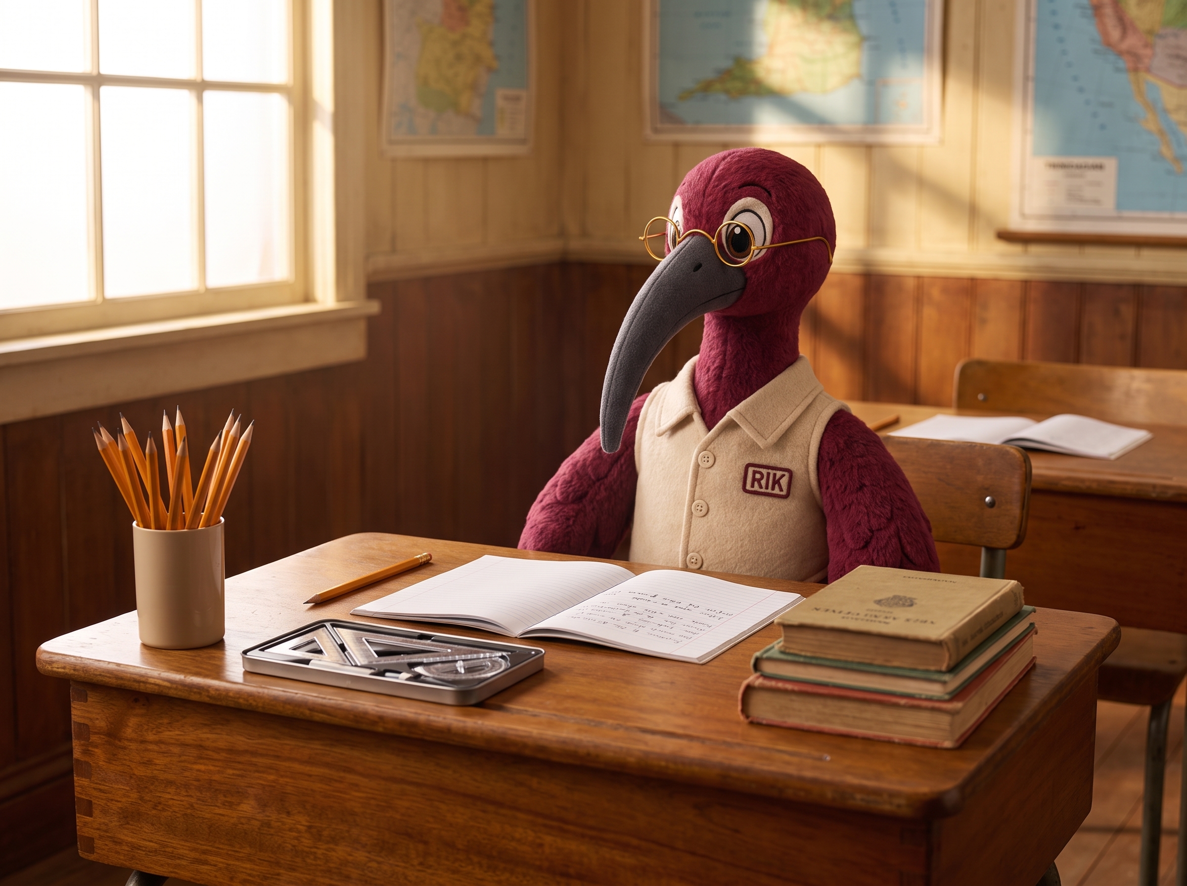 Scarlet Scholar plush mascot at a tidy school desk with pencils, an exercise book and a small stack of textbooks.