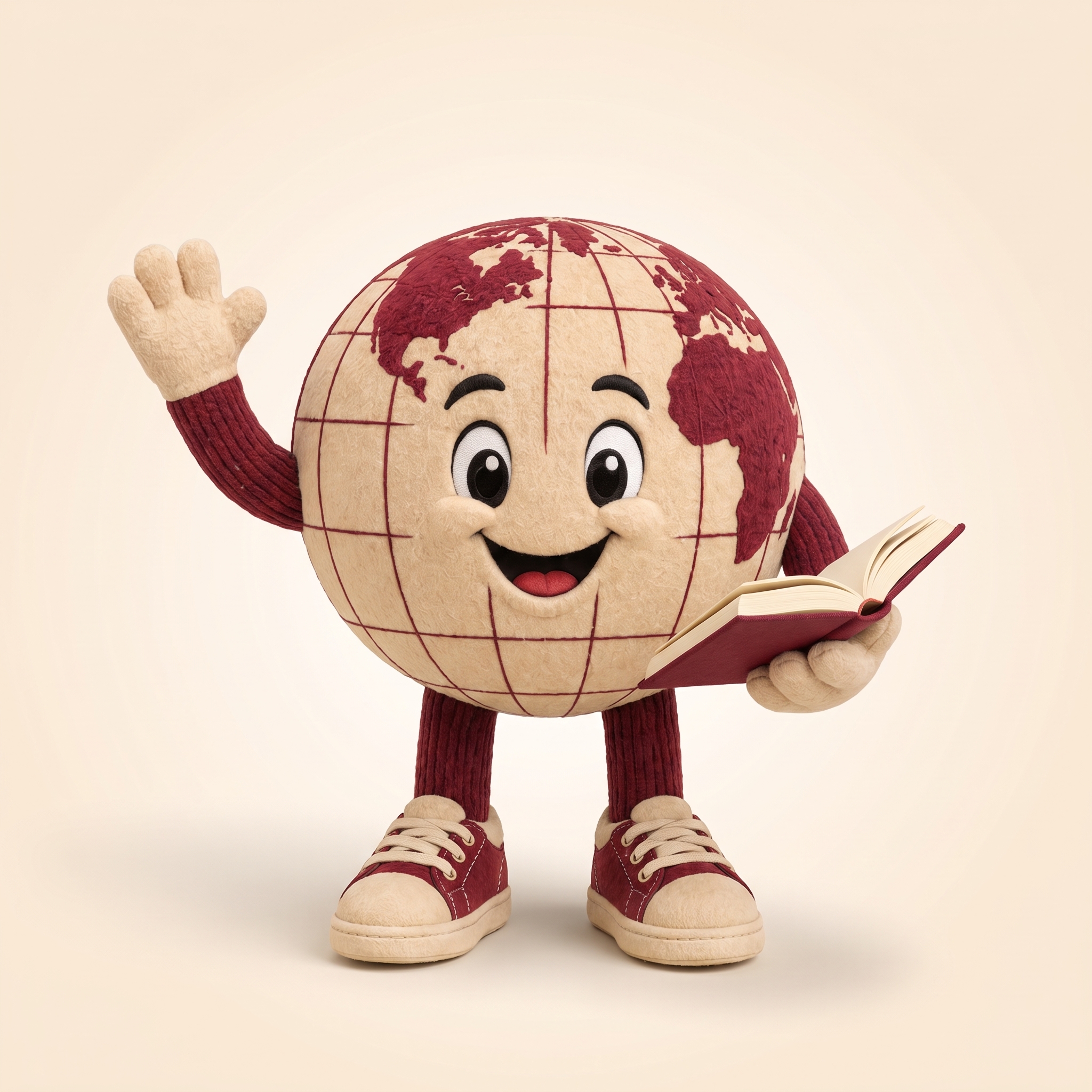 Worldwise plush mascot waving cheerfully.